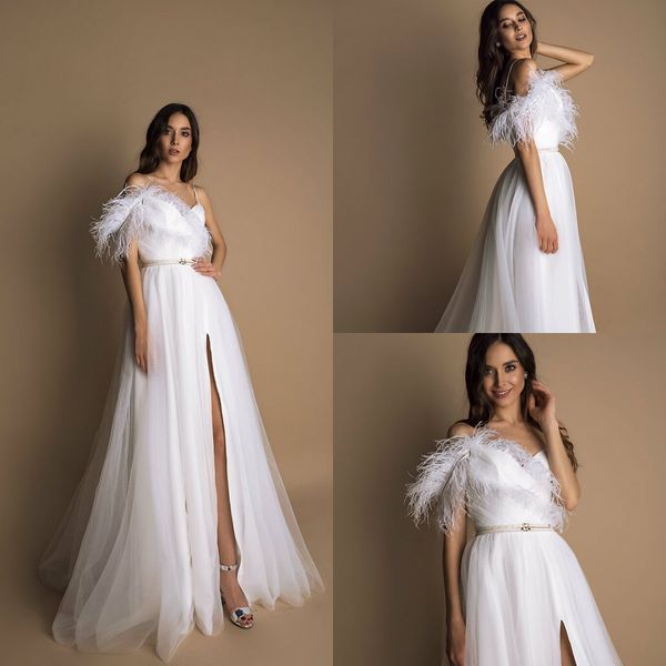 2020 a line bohemian wedding dresses spaghetti floor length feather high split beach wedding dress custom made plus size bridal gowns, White
2020 a line bohemian wedding dresses spaghetti floor length feather high split beach wedding dress custom made plus size bridal gowns, White
