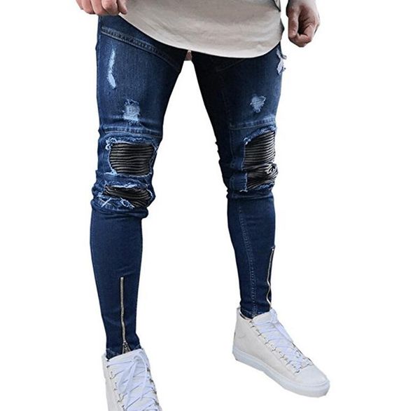 design men slim fit ripped skinny jeans distressed denim joggers men's designer leather stitch zipper style biker denim pants, Blue
design men slim fit ripped skinny jeans distressed denim joggers men's designer leather stitch zipper style biker denim pants, Blue