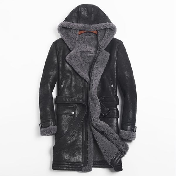

men's leather & faux jacket men sheep shearling real fur coat hooded winter windbreaker for mens clothing jaqueta de couro 754 yy709, Black