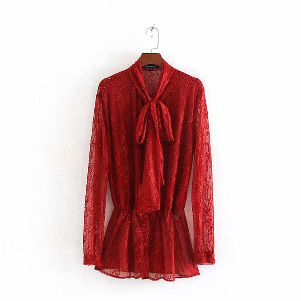 new women elegant bow tied collar perspective red lace blouse shirts women buttons hem ruffles chic blusas femininas ls6069, White
new women elegant bow tied collar perspective red lace blouse shirts women buttons hem ruffles chic blusas femininas ls6069, White