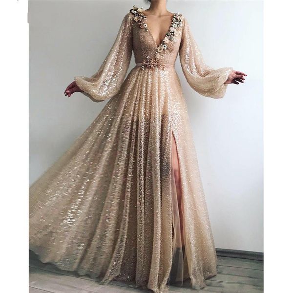 shiny gold sequins prom dresses with deep v neck long sleeve split formal evening gowns appliques flowers party dress vestidos, Black
shiny gold sequins prom dresses with deep v neck long sleeve split formal evening gowns appliques flowers party dress vestidos, Black