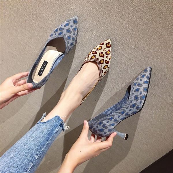 selling woman casual shoes 2019 new product fashion lady tip high heel shoe tip toe cap leopard knitting design asian size 34-38, Black