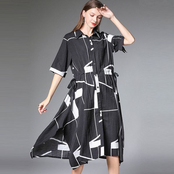 large size women 2019 summer dress new loose fashion geometric print waist black dress women lapel short sleeve fashion tide 324, Black;gray
large size women 2019 summer dress new loose fashion geometric print waist black dress women lapel short sleeve fashion tide 324, Black;gray