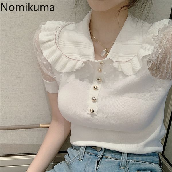 nomikuma korean slim short knitted ruffle turn down collar knitwear mesh dot patchwork short sleeve pullover 2020 6a954, White;black
nomikuma korean slim short knitted ruffle turn down collar knitwear mesh dot patchwork short sleeve pullover 2020 6a954, White;black