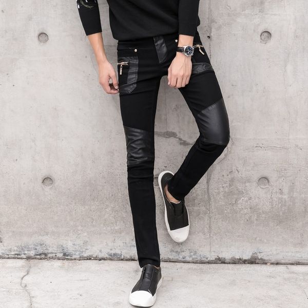 fashion men's pant faux leather jeans spliced denim trousers male stretch slim fit punk stage singer motorcycle casual pants men, Black
fashion men's pant faux leather jeans spliced denim trousers male stretch slim fit punk stage singer motorcycle casual pants men, Black