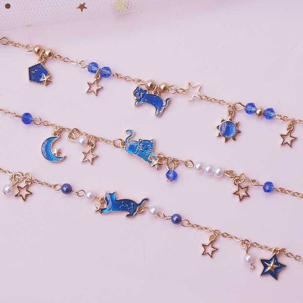link, chain japanese-style ins sweet girl's heart star moon planet sky blue cat bracelets, Black
link, chain japanese-style ins sweet girl's heart star moon planet sky blue cat bracelets, Black