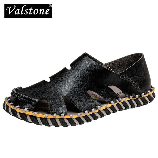 valstone 2020 new summer men sandals black white leather sandals casual flats slip-on shoes beach non-slip sandalias hombres t200420