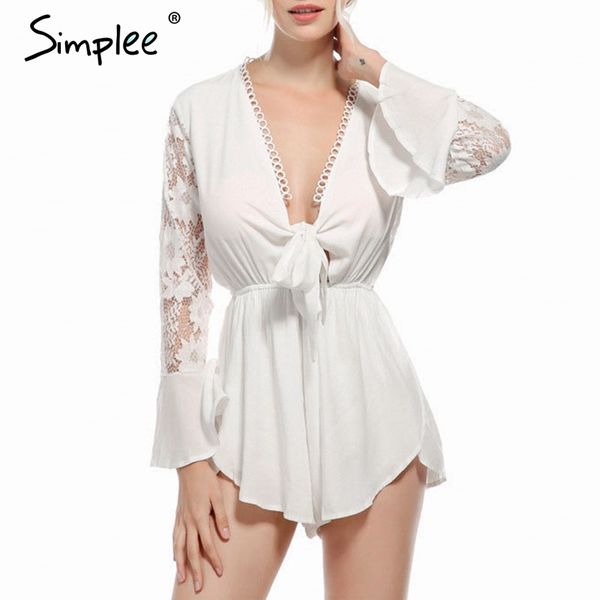 

simplee v-neck women playsuit holiday style lace stitching tied female short jumpsuits ladies floral embroidery playsuits, Black;white