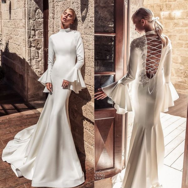 amazing mermaid long sleeves wedding dresses high neck beaded bridal gowns sweep train plus size satin trumpet vestido de novia, White
amazing mermaid long sleeves wedding dresses high neck beaded bridal gowns sweep train plus size satin trumpet vestido de novia, White