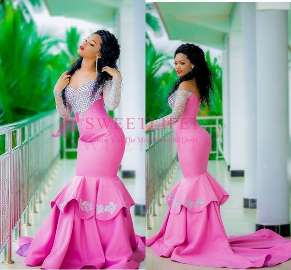 2019 gorgious pink long sleeve prom dresses shining beaded crystal mermaid off the shoulder mermaid tiered skirts formal evening dresses, Black
2019 gorgious pink long sleeve prom dresses shining beaded crystal mermaid off the shoulder mermaid tiered skirts formal evening dresses, Black