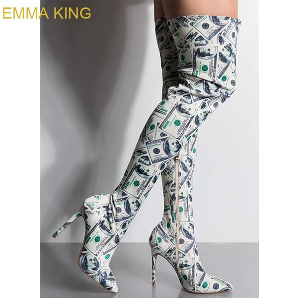 emma king stylish dollar print women winter boots over the knee thigh high boots high heels pointed toe zipper party club, Black
emma king stylish dollar print women winter boots over the knee thigh high boots high heels pointed toe zipper party club, Black