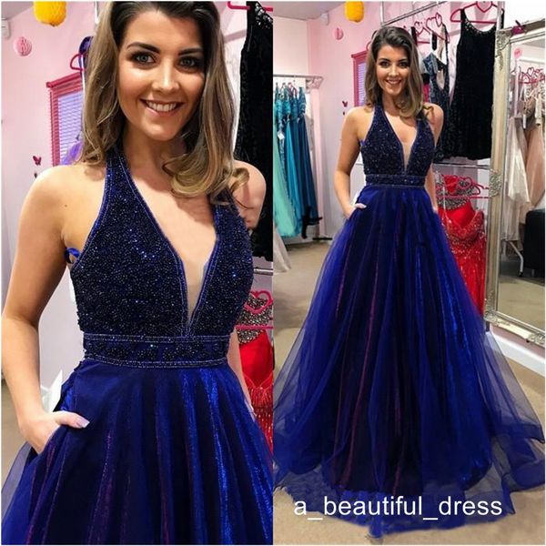 royal blue a line prom dresses 2019 halter v neck beading floor length party evening gown backless organza vestidos de fiesta ed1156, Black;red
royal blue a line prom dresses 2019 halter v neck beading floor length party evening gown backless organza vestidos de fiesta ed1156, Black;red