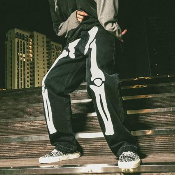 men reflective bone patterns loose casual wide leg jeans male hip hop punk gothic harem denim pants trousers, Blue
men reflective bone patterns loose casual wide leg jeans male hip hop punk gothic harem denim pants trousers, Blue