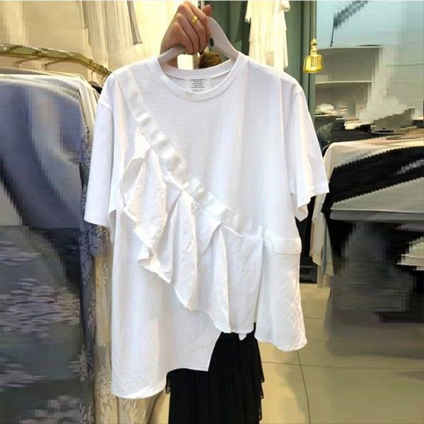 irregular round collar short-sleeved t-shirt female 2020 stitching flounces solid color fashion irregular round collar short-sleeved t-s, White
irregular round collar short-sleeved t-shirt female 2020 stitching flounces solid color fashion irregular round collar short-sleeved t-s, White