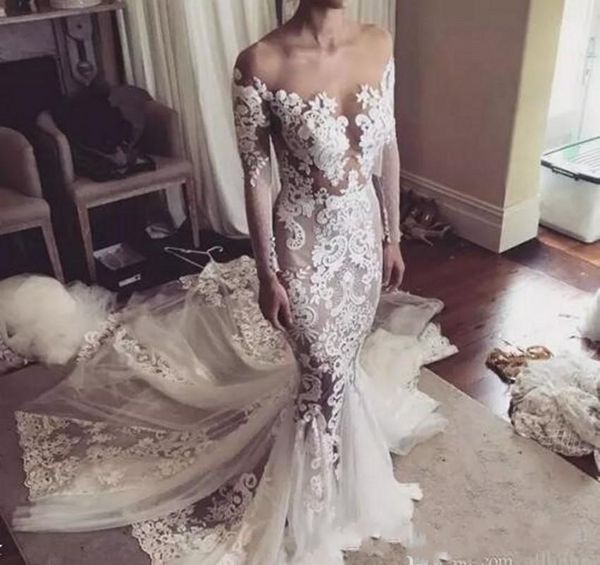 2019 new lace mermaid wedding dresses with cathedral train long illusion sleeves button transparent back wedding gowns 1287, White
2019 new lace mermaid wedding dresses with cathedral train long illusion sleeves button transparent back wedding gowns 1287, White