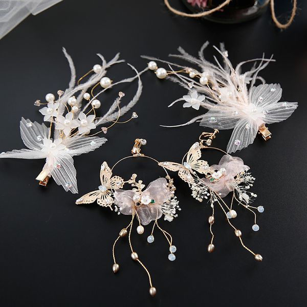 korean bride headdress set super fairy beauty feather silk yarn mori hairpin clip wedding hair accessories, Golden;white 
korean bride headdress set super fairy beauty feather silk yarn mori hairpin clip wedding hair accessories, Golden;white
