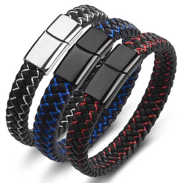 men's genuine leather bracelet stainless steel magnetic buckle black wrist cuff bangle, White
men's genuine leather bracelet stainless steel magnetic buckle black wrist cuff bangle, White