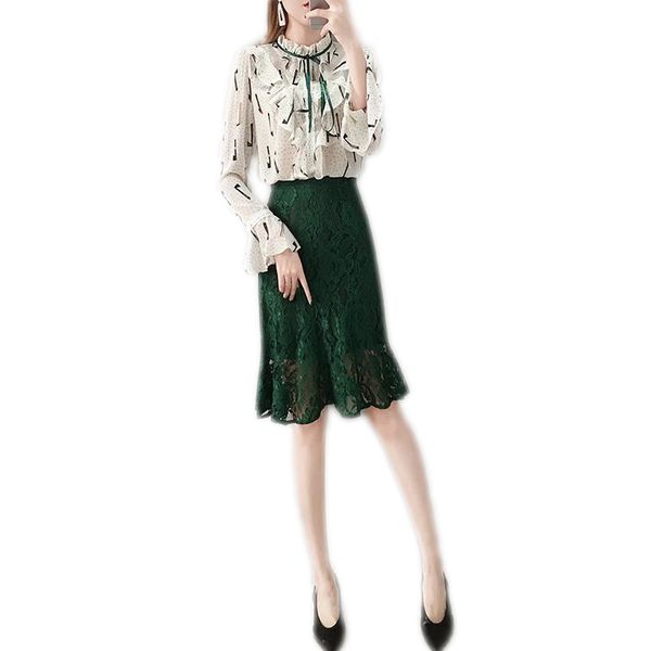 new spring autumn women floral print flare sleeve bow tie blouse lace mermaid skirt suit lady business slim set z146, White
new spring autumn women floral print flare sleeve bow tie blouse lace mermaid skirt suit lady business slim set z146, White