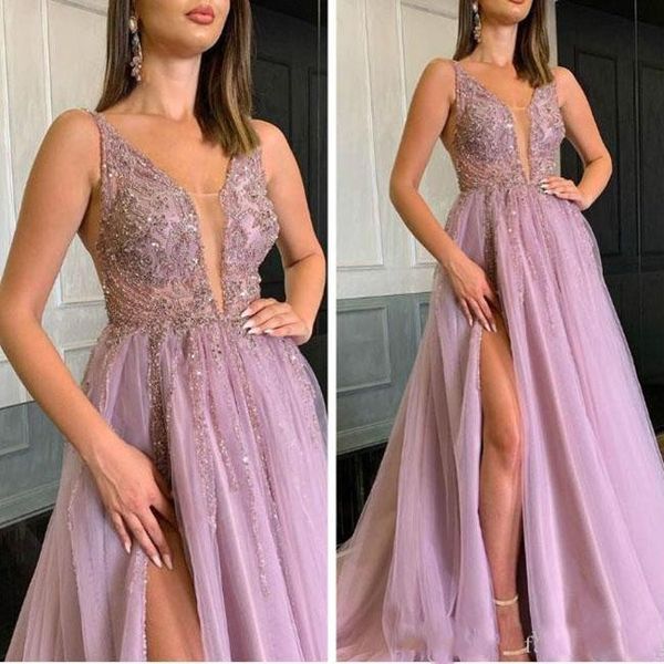 2020 luxury a line prom dresses deep v neck tulle crystal beaded sleeveless high split open back plus size party gowns evening dress, Black
2020 luxury a line prom dresses deep v neck tulle crystal beaded sleeveless high split open back plus size party gowns evening dress, Black