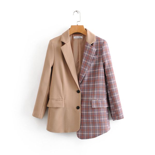 women's casual khaki stitching plaid suit asymmetric design retro lapel pocket commuter casual blazer temperament, White;black
women's casual khaki stitching plaid suit asymmetric design retro lapel pocket commuter casual blazer temperament, White;black