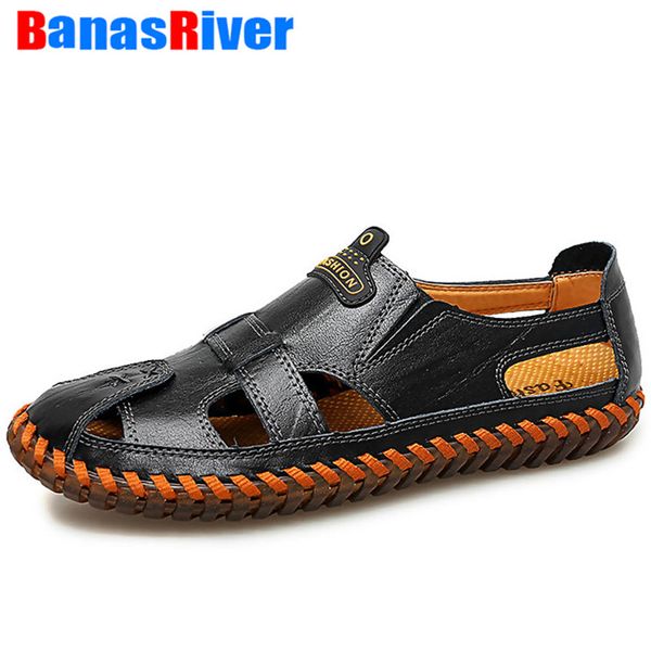 hollow breathable split leather men sandals hand-made summer beach protective sneakers outdoor sport shoes male flats slip on, Black
hollow breathable split leather men sandals hand-made summer beach protective sneakers outdoor sport shoes male flats slip on, Black