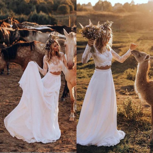 two pieces country boho wedding dresses 2020 a line long sleeve lace applique bohemian wedding gowns custom made beach bridal dress, White
two pieces country boho wedding dresses 2020 a line long sleeve lace applique bohemian wedding gowns custom made beach bridal dress, White
