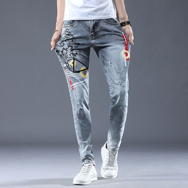 men's big brand high-end denim trousers stretch slim feet hole printing trend four seasons jeans men, Blue
men's big brand high-end denim trousers stretch slim feet hole printing trend four seasons jeans men, Blue
