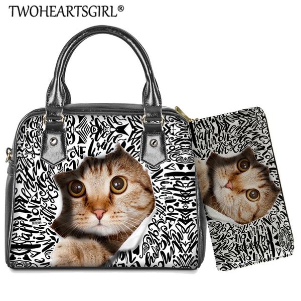graffiti letter cat print shoulder bags for women cute music cat tote bag crossbody bag female leather purse handbag 2pcs/set