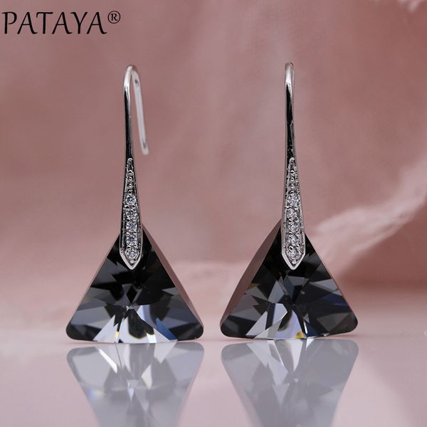 pataya new triangle smoke gray austria crystal long drop earrings white gold natural zircon women wedding noble fashion jewelry, Silver 
pataya new triangle smoke gray austria crystal long drop earrings white gold natural zircon women wedding noble fashion jewelry, Silver