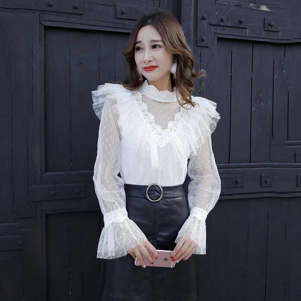 new design fashion women's stand collar long flare sleeve lace ruffles dotted gauze blouse shirt princess style, White
new design fashion women's stand collar long flare sleeve lace ruffles dotted gauze blouse shirt princess style, White