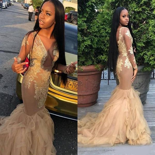 gold illusion prom dresses long sleeves lace applique beaded tulle sweep train tiered skirt african black girl formal evening gowns
gold illusion prom dresses long sleeves lace applique beaded tulle sweep train tiered skirt african black girl formal evening gowns