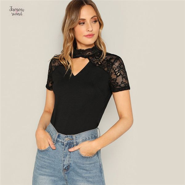tshirt floral solid insert v cut mock neck tee lace short sleeve t shirt women 2019 sheer elegant, White 
tshirt floral solid insert v cut mock neck tee lace short sleeve t shirt women 2019 sheer elegant, White