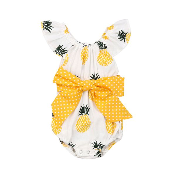 

sweet newborn baby girls clothes pineapple print round neck ruffle sleeveless bodysuit polka dot cotton bow, Blue