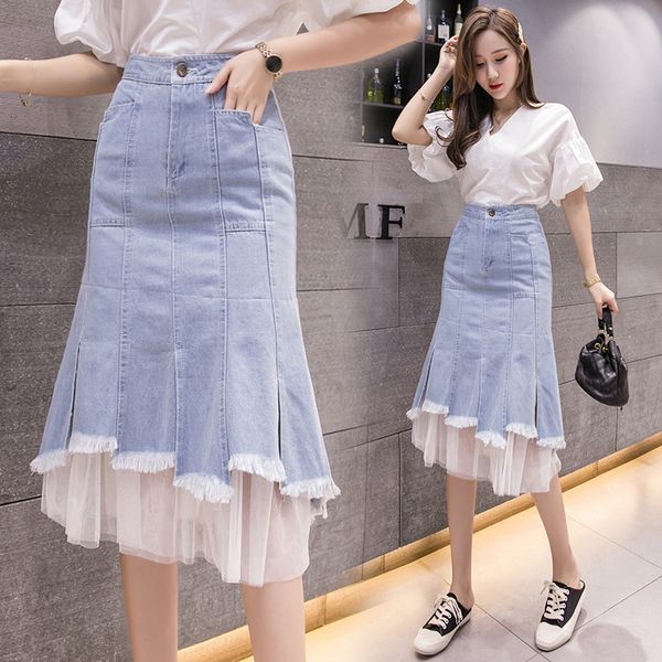 5xl plus size women's denim skirt 2020 new korean skirt mid-length mesh lace stitching elegant slim hole, Black
5xl plus size women's denim skirt 2020 new korean skirt mid-length mesh lace stitching elegant slim hole, Black