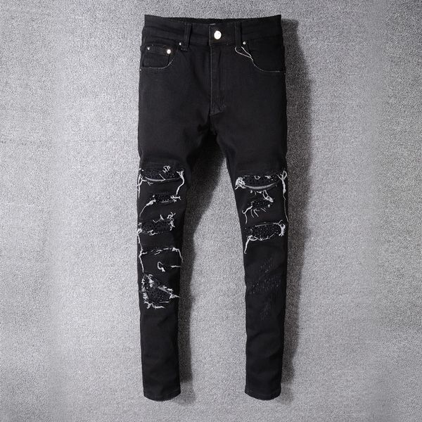men's black flower pleated patch biker jeans for motorcycle slim skinny stretch denim pants high quality, Blue
men's black flower pleated patch biker jeans for motorcycle slim skinny stretch denim pants high quality, Blue