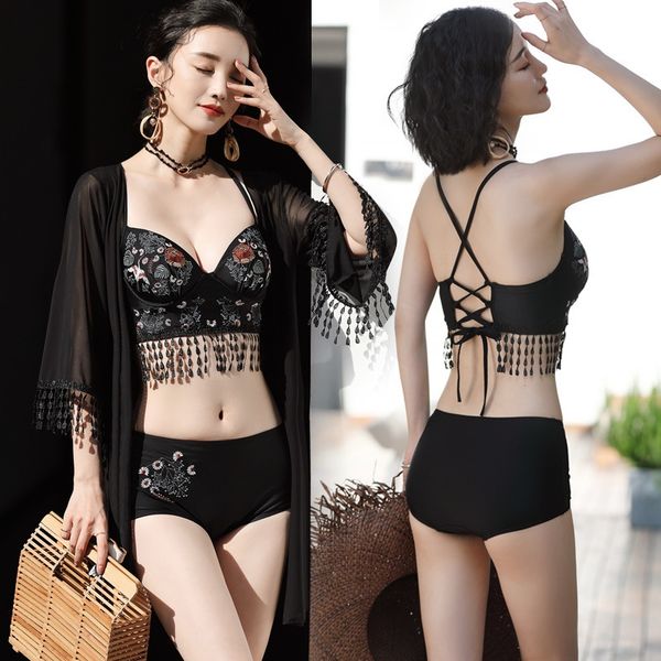 women's steel bikini net shirt swimsuit holder gathering bikini net shirt embroidered boxer three-piece spring swimsuit, White;black
women's steel bikini net shirt swimsuit holder gathering bikini net shirt embroidered boxer three-piece spring swimsuit, White;black
