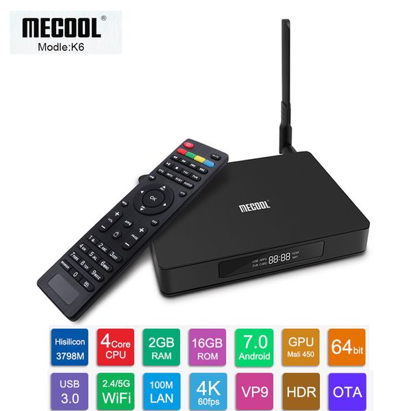 

MECOOL K6 DVB S2 - T2 - C Android 7,0 TV Box 2GB RAM 16GB ROM 2.4G + 5G WiFi USB3.0 Bluetooth 4.1 100M Lan 4K Media Player