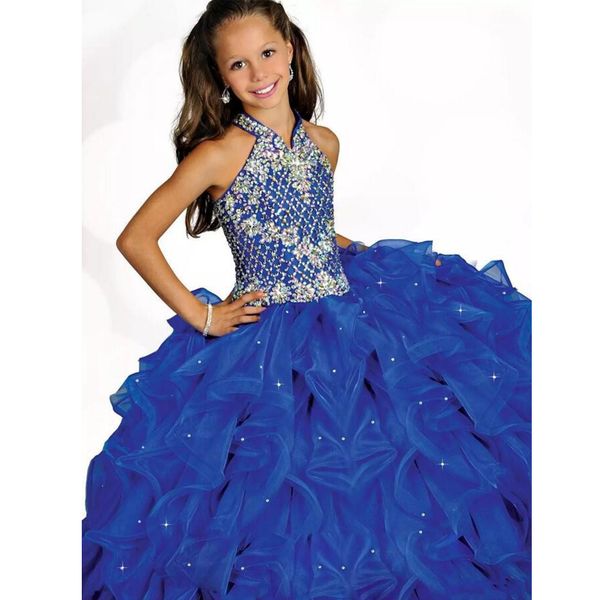 glamorous royal blue halter high neckline girls pageant dress beaded straps crystals pleated organza girls birthday party dress, White;red 
glamorous royal blue halter high neckline girls pageant dress beaded straps crystals pleated organza girls birthday party dress, White;red