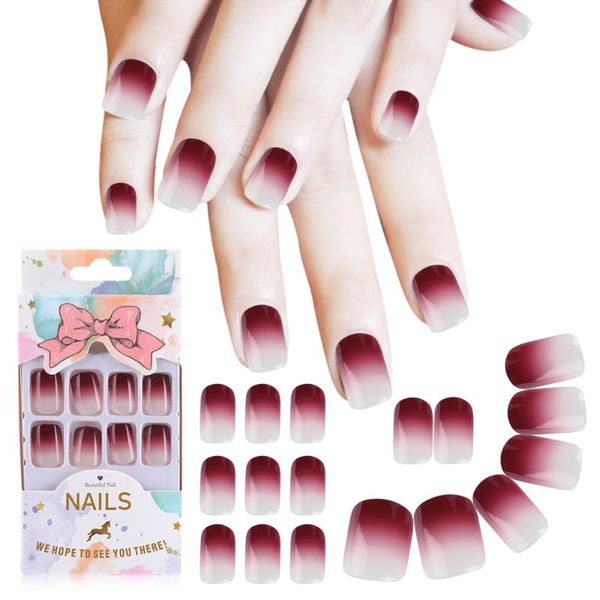 24 pcs new red wine gradient color long false nails fashion popular fake nails for ladies and girls with glue stickers manicure, Red;gold
24 pcs new red wine gradient color long false nails fashion popular fake nails for ladies and girls with glue stickers manicure, Red;gold