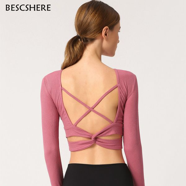 bescshere ribbed fabric fitness dance long sleeved shirts women back cross yoga sport crop with removable chest pads, White;red
bescshere ribbed fabric fitness dance long sleeved shirts women back cross yoga sport crop with removable chest pads, White;red