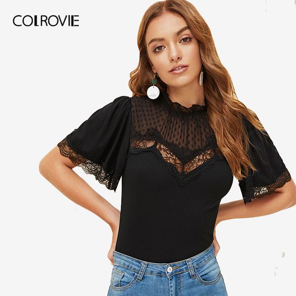 colrovie black stand collar lace insert mesh yoke slim fitted elegant t shirt women 2019 summer stretchy ladies tee shirts y19072701, White
colrovie black stand collar lace insert mesh yoke slim fitted elegant t shirt women 2019 summer stretchy ladies tee shirts y19072701, White