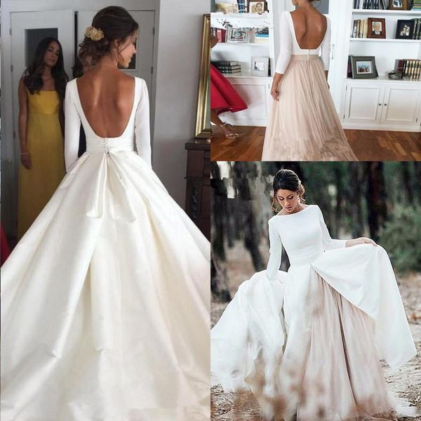 classic long sleeves satin boho wedding dress with detachable skirt 2020 modest backless princess wedding bridal gowns, White