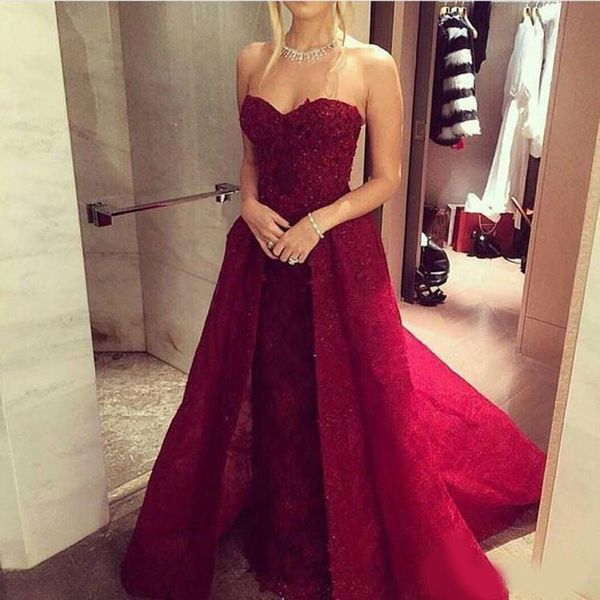 2020 burgundy sheath evening dresses sweetheart lace sequins special occasion dress with overskirts sweep train plus size bridal gown, Black;red 
2020 burgundy sheath evening dresses sweetheart lace sequins special occasion dress with overskirts sweep train plus size bridal gown, Black;red