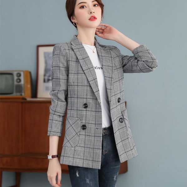 casual full sleeve blazer with pocket girl women brown gray plaid spring fall winter fashion double breasted jackets coat s-4xl, White;black
casual full sleeve blazer with pocket girl women brown gray plaid spring fall winter fashion double breasted jackets coat s-4xl, White;black