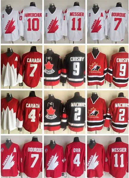 

team canada jersey 4 bobby orr 10 dale hawerchuk 99 wayne gretzky 11 mark messier 66 mario mlemieux 7 ray bourque macinnis crosby, Black;red