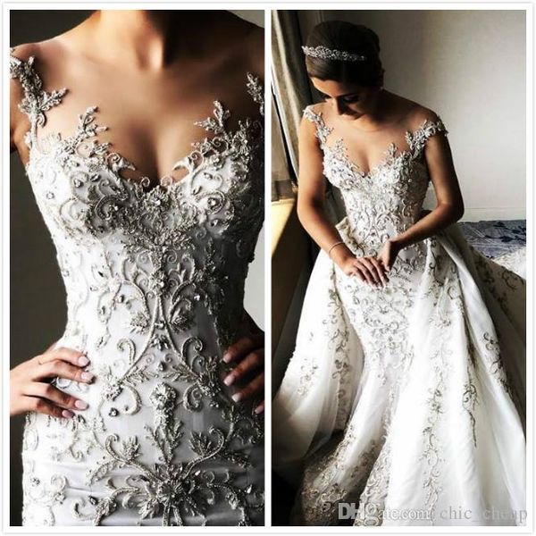 

gorgeous beaded lace arabic wedding dresses with detachable train sheer neck mermaid bridal dresses tulle vintage wedding gowns, White