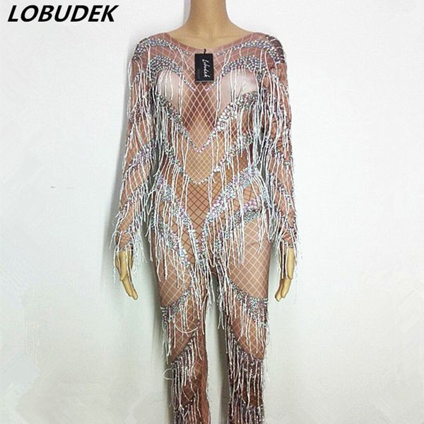 female nightclub bar dance costume striped printed crystals tassels stretch jumpsuit party show stage wear dancer outfits, Black;white
female nightclub bar dance costume striped printed crystals tassels stretch jumpsuit party show stage wear dancer outfits, Black;white