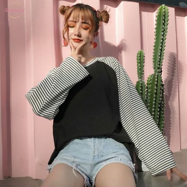 harajuku women t shirt striped casual long sleeve tee loose female spring autumn bottoming drop shipping, White 
harajuku women t shirt striped casual long sleeve tee loose female spring autumn bottoming drop shipping, White