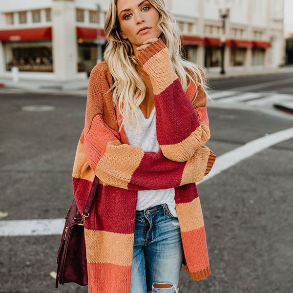 2019 aautumn sweater female long-sleeved patchwork knit opening rainbow striped cardigan women loose, White
2019 aautumn sweater female long-sleeved patchwork knit opening rainbow striped cardigan women loose, White