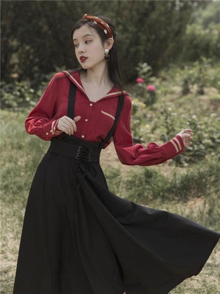 two piece dress vintage women sets sweet sailor collar burgundy shirt & black tank skirt for elegant lady suits vestidos faldas, White
two piece dress vintage women sets sweet sailor collar burgundy shirt & black tank skirt for elegant lady suits vestidos faldas, White